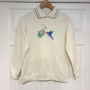 Womens S VTG 90s Cream Hummingbird‎ Embroidery Sweatshirt Top Granny Cottage
